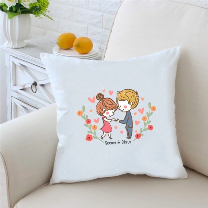 Couple Name 16 inches White Cushion With Filling